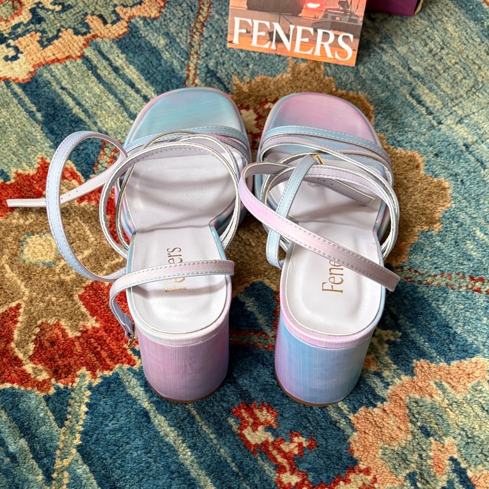 Feners “Le Disco” Iridescent Pastel Strappy Block Heel Sandals - Picture 6 of 7